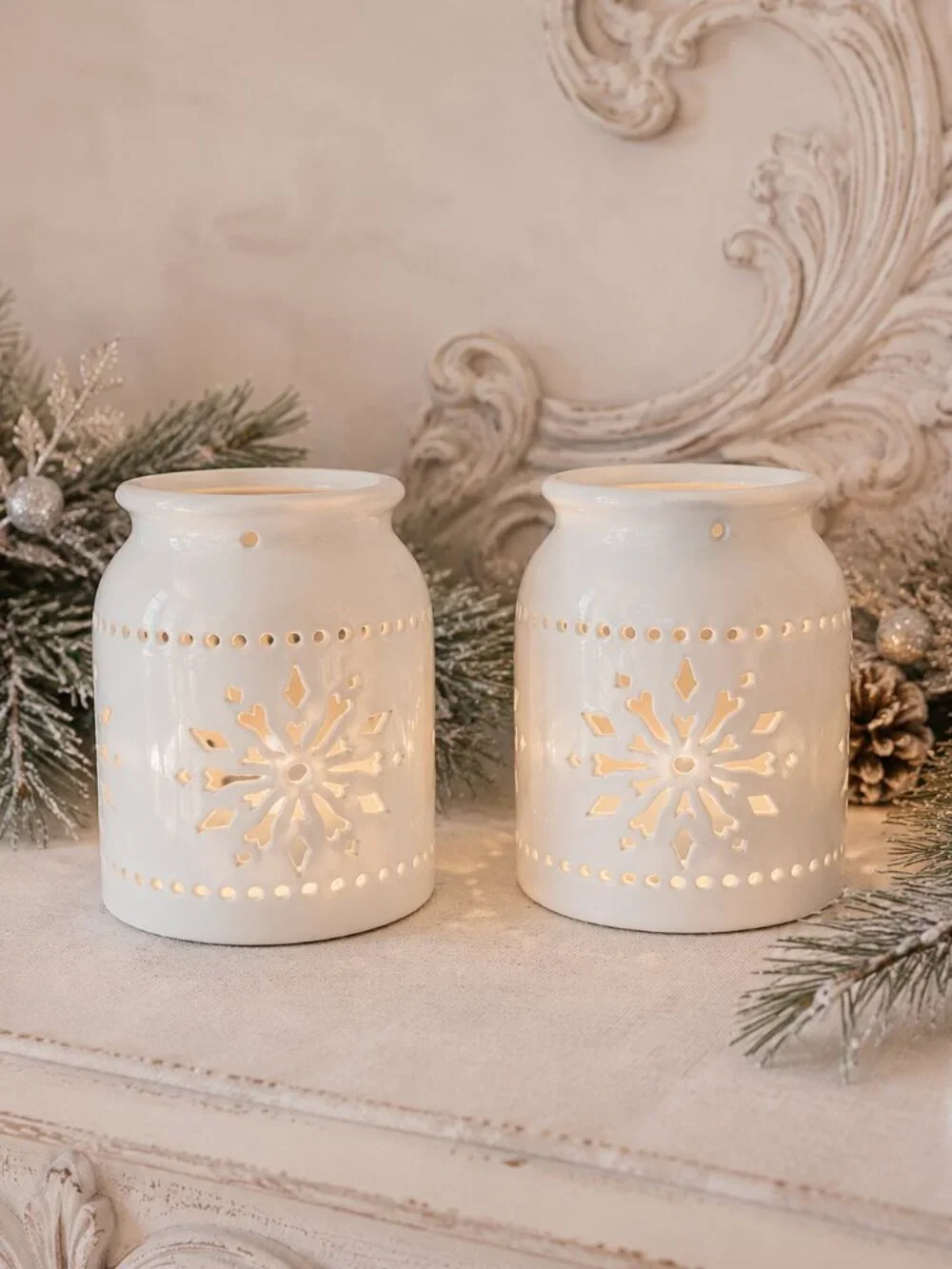 Set of 2 Charming Ivory Snowflake Cutout Luminiary Candleholders